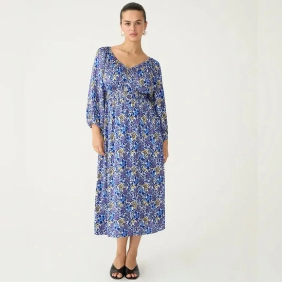NWOT J. Crew V-neck Midi Dress Fete Floral Print Blue Preppy Boho Casual Medium - Picture 1 of 16